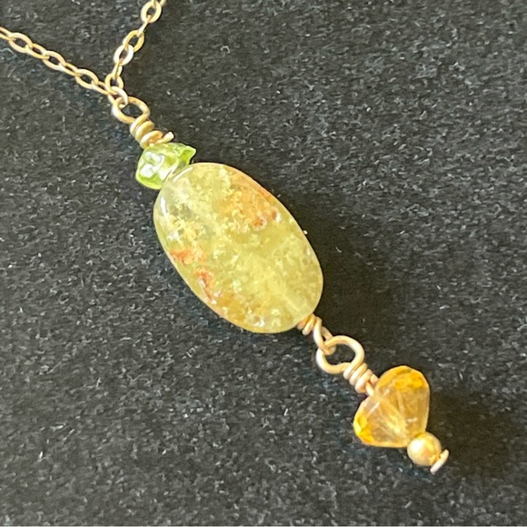 Handmade Necklace And Earring Set - Green & Yellow Glass - Gold Filled Chain - Picture 7 of 13
